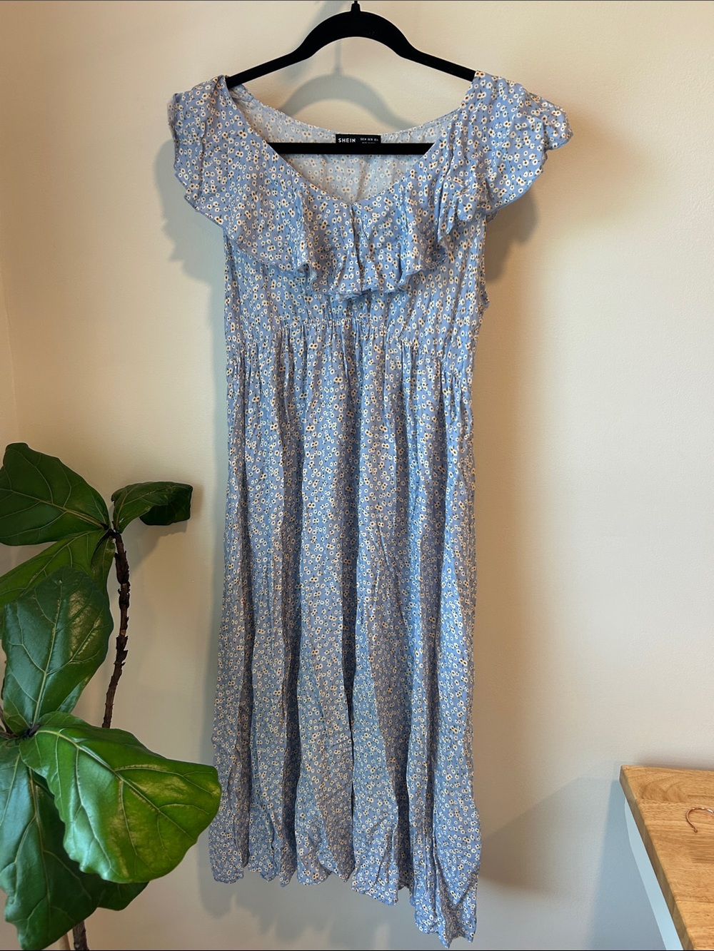 SHEIN Light Blue Ditsy Floral Ruffle Maxi Dress